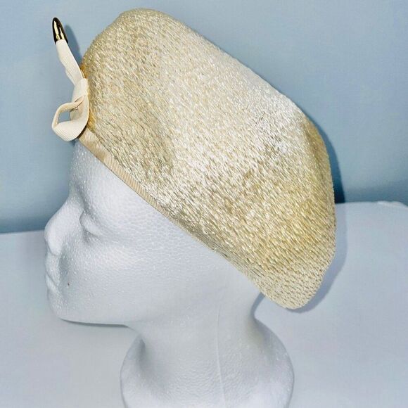 Vintage Favorette Womens Beret Hat Beige Straw Church Dress Up Theatre Party